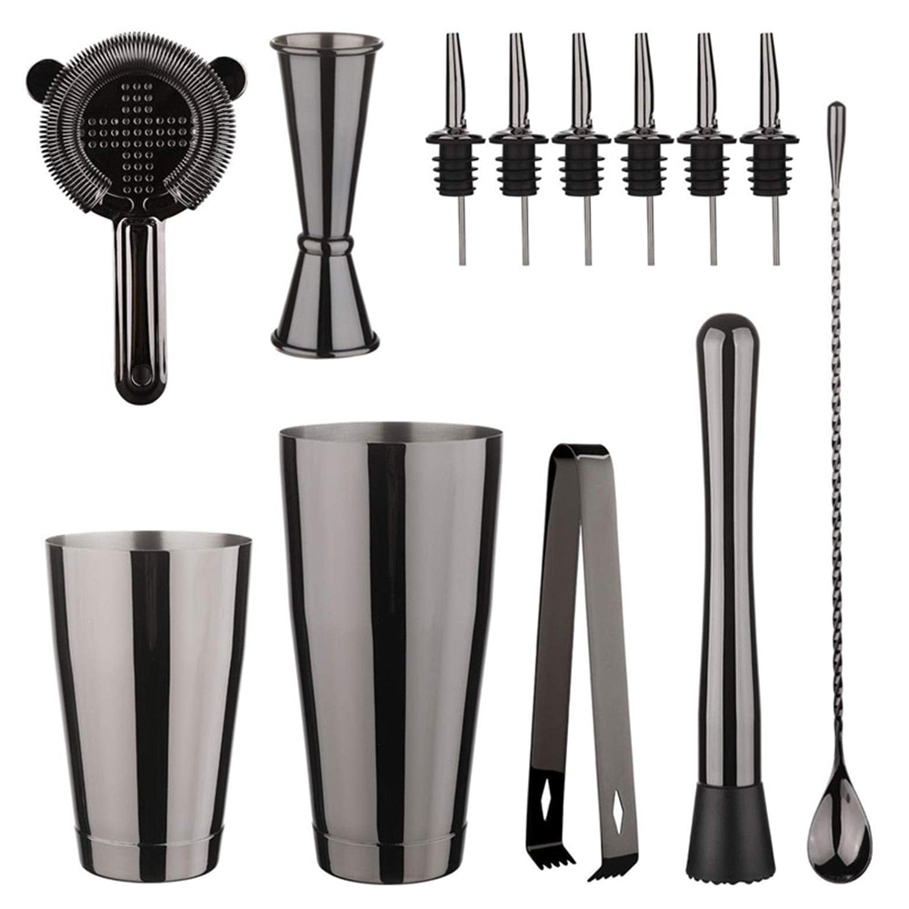 Cocktail Shaker Bar Set: 2 Weighted Boston Shakers,Cocktail Strainer, Jigger,Muddler and Spoon, Ice Tong and 6 Bottle Pourer