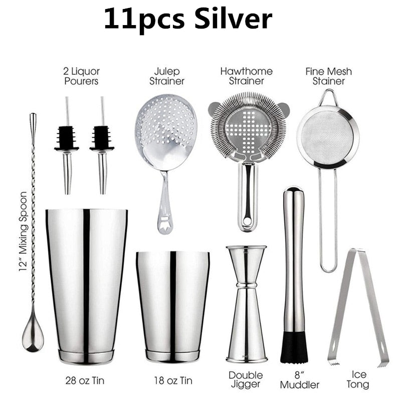 Cocktail Shaker Bar Set: 2 Weighted Boston Shakers,Cocktail Strainer, Jigger,Muddler and Spoon, Ice Tong and 6 Bottle Pourer