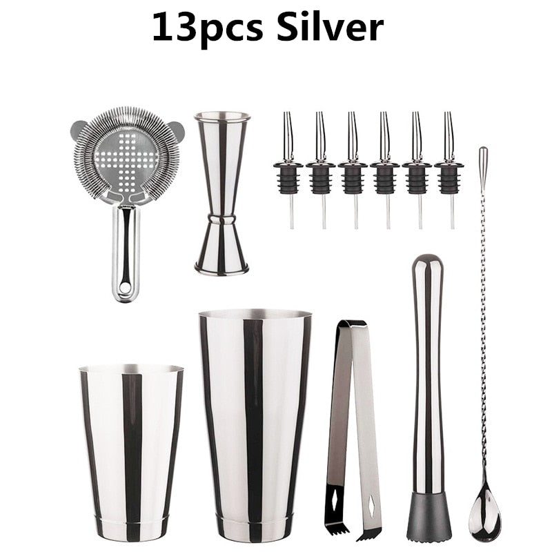 Cocktail Shaker Bar Set: 2 Weighted Boston Shakers,Cocktail Strainer, Jigger,Muddler and Spoon, Ice Tong and 6 Bottle Pourer