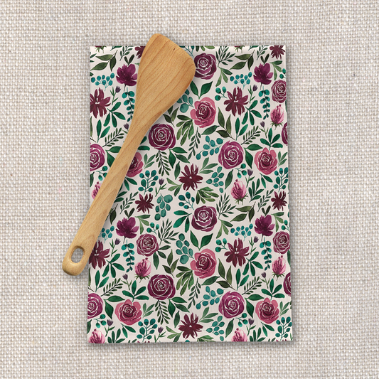 Deep Magenta Floral Eucalyptus Tea Towel